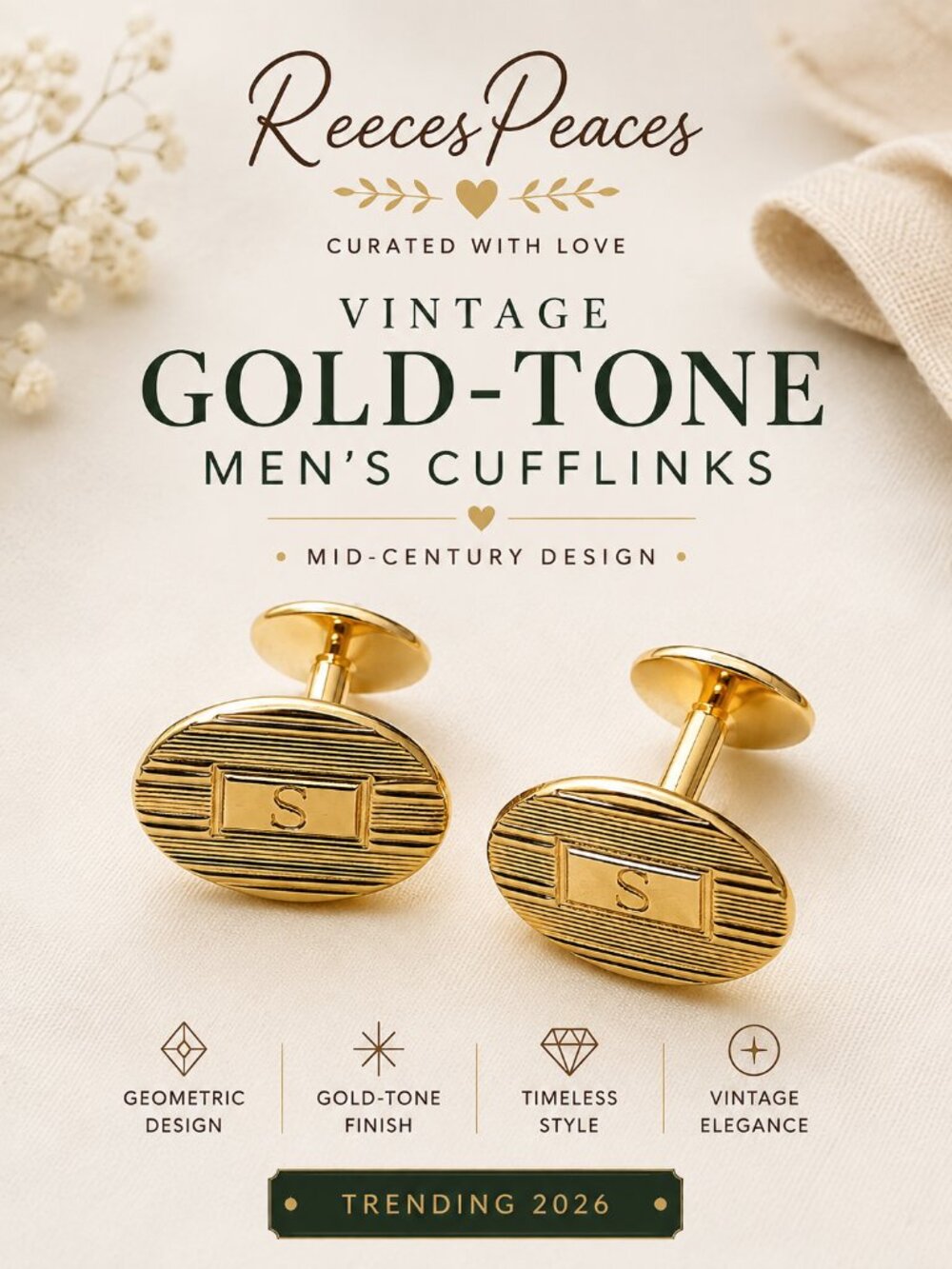 Vintage Gold Tone Monogram S Oval Cufflinks | Mid-Century Men’s Formalwear